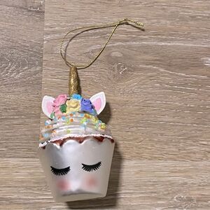 White Unicorn Face CupCake sprinkle Christmas holiday Ornament Blown Glass 4.5”